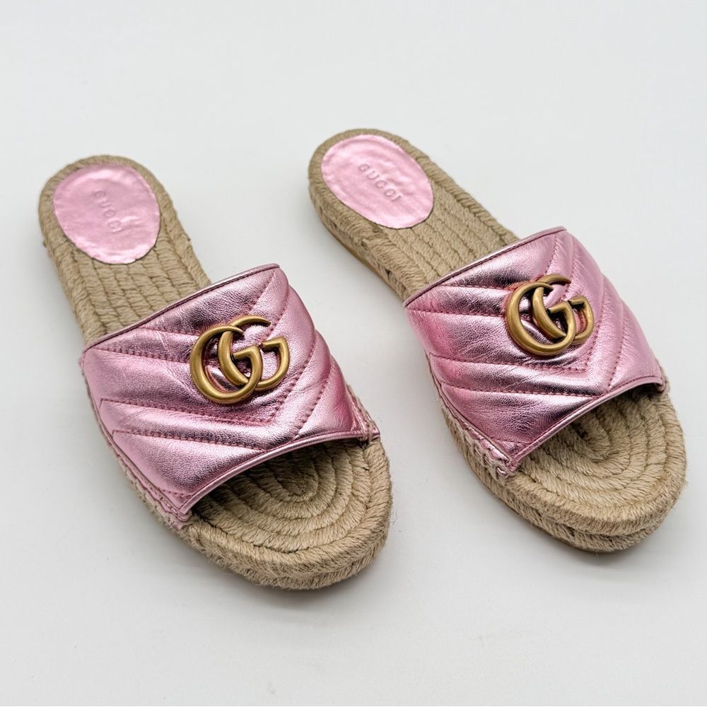Gucci Pilar GG Marmont Metallic Rosa Leather Espadrille Slide Sandals EU 37 US 7 - Picture 1 of 12